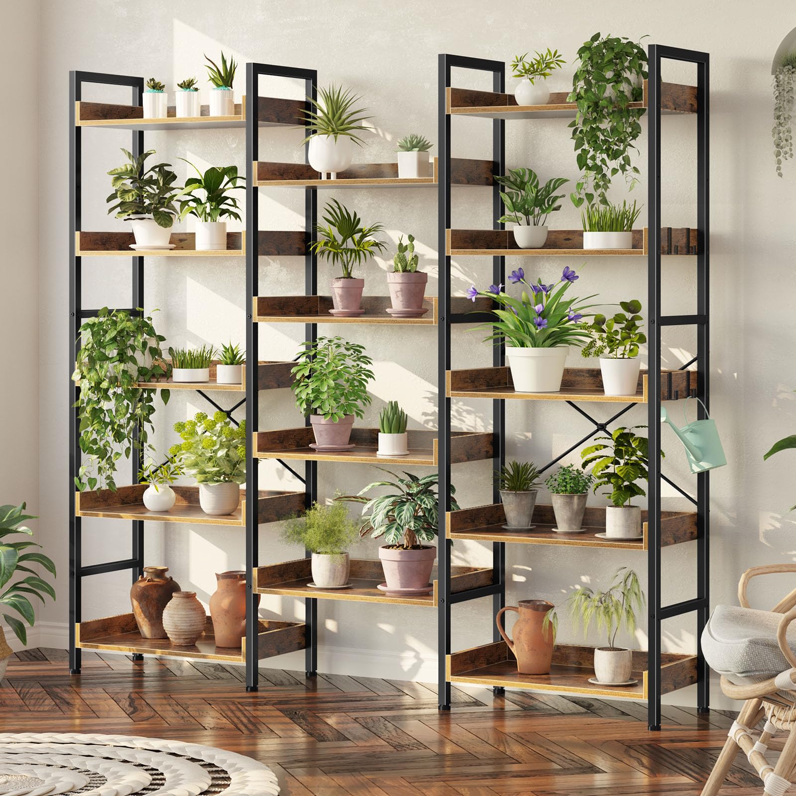 Rolanstar Bookshelf 5 Tiers with 4 Hooks, Triple Bookcase with Open Display Shelves, Industrial Wide Bookshelf with Metal Frame for Living Room, Office, Rustic Brown