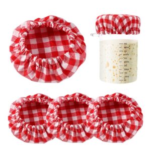 4pcs cloth covers for sourdough starter jar, plaid cotton cloth cheese bread fermentation jar covers elastic unbleached reusable cloth lid cover sourdough bowl cover for 3-4 inch jar mouth (red)