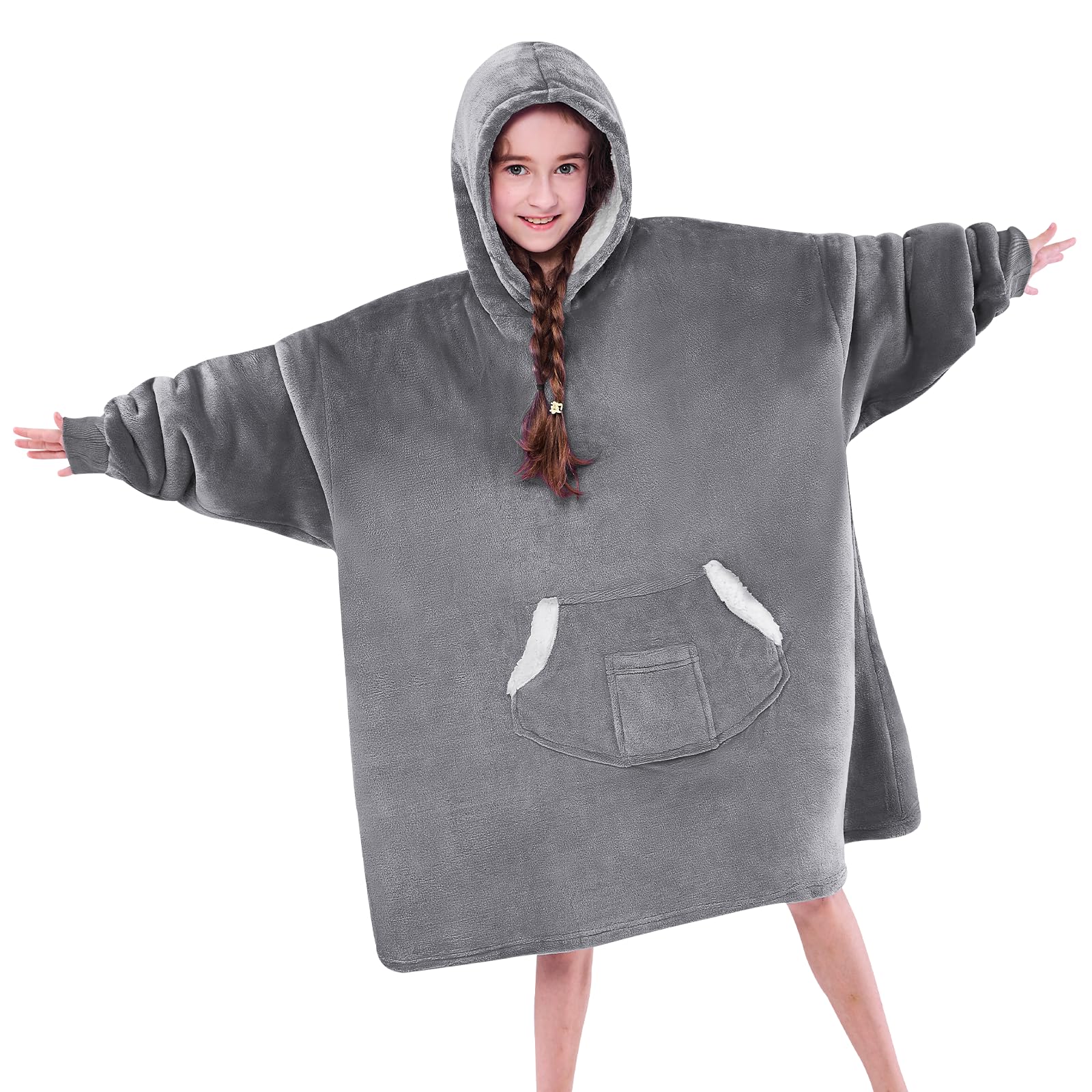 NORD ECO Wearable Blanket Hoodie for Kids, Blanket Hoodie For Kids With Hood And Pocket, Sherpa Oversized Cozy Blanket Sweatshirt As Gifts For Girls Boys Kids (Grey)