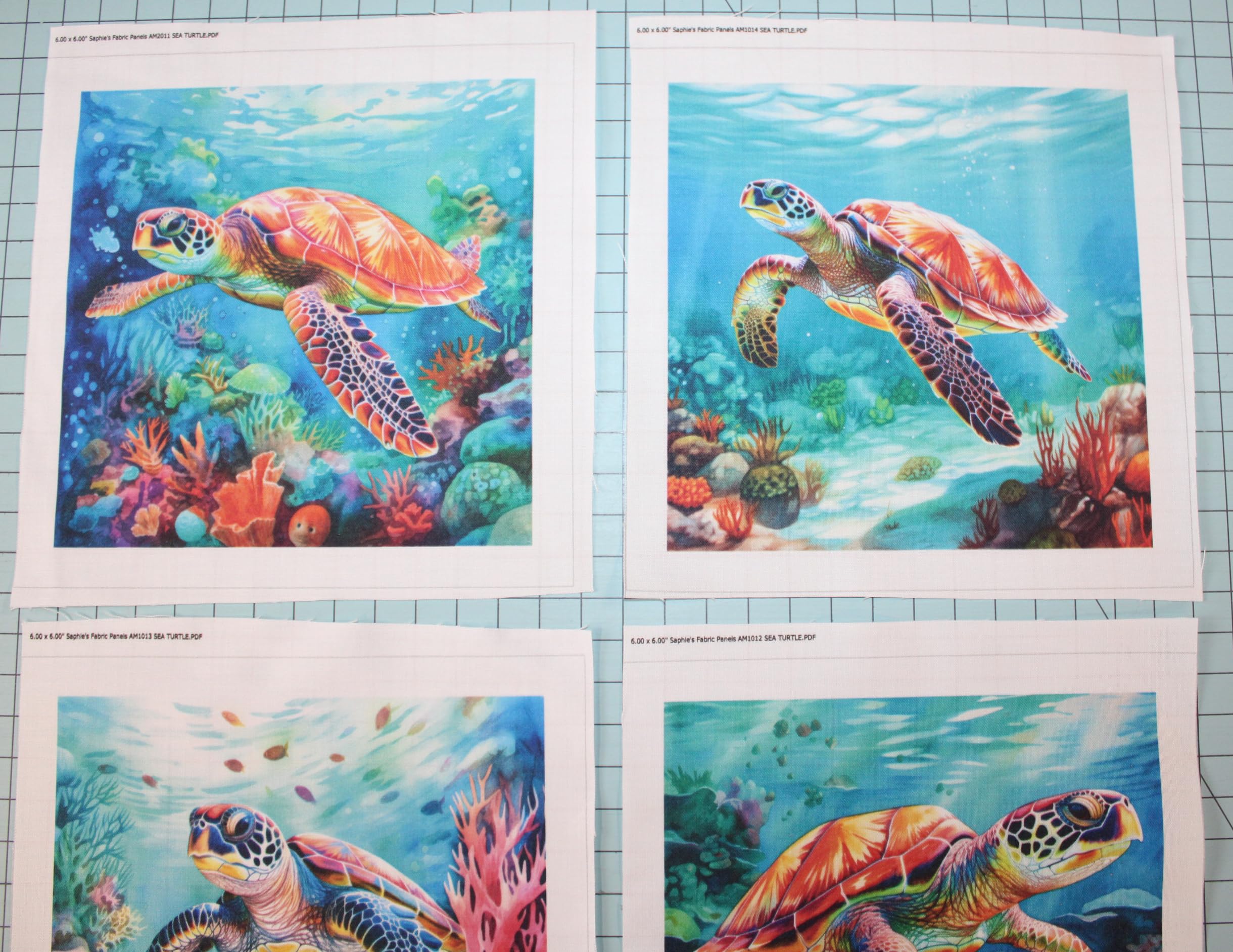 4 Piece 6"x6" Sea Turtles Fabric Panel Squares - Quilting Sewing Blocks