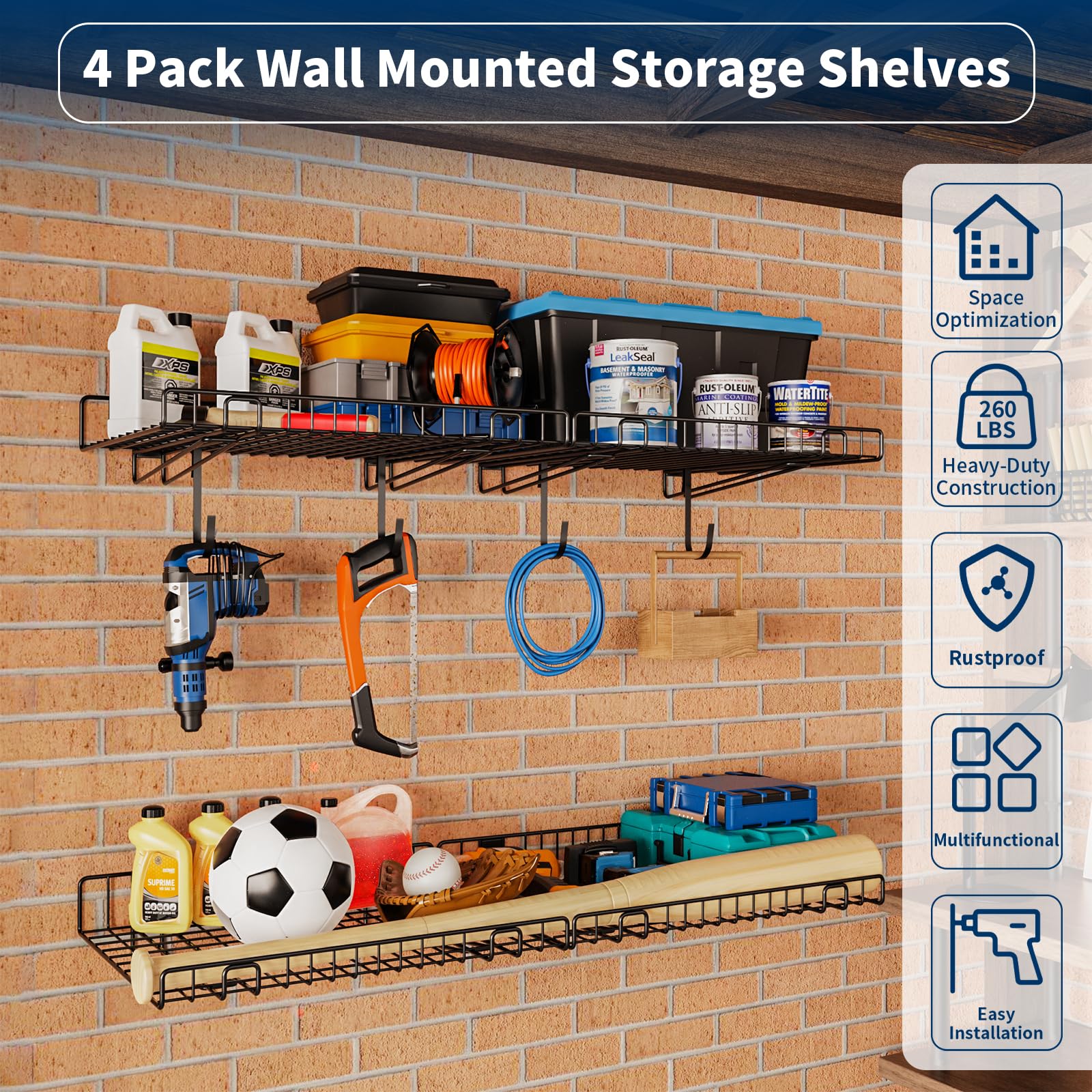 4 Pack Garage Wall Shelf, Wall Mounted Storage Shelves, Heavy Duty Metal Shelves for Room Wall, Loads 260 LBS Floating Shelves Mesh Storage Rack for Garage, Office, Basement,Wall Cabinet and Kitchen