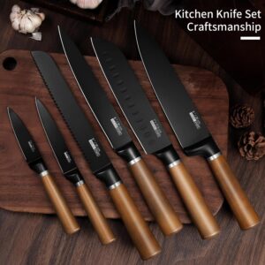 KOFERY Professional 6-Piece Kitchen Knife Set with Block, All Stainless Steel Ergonomic Handle, Sharp Kitchen Knives for Cooking (Black)