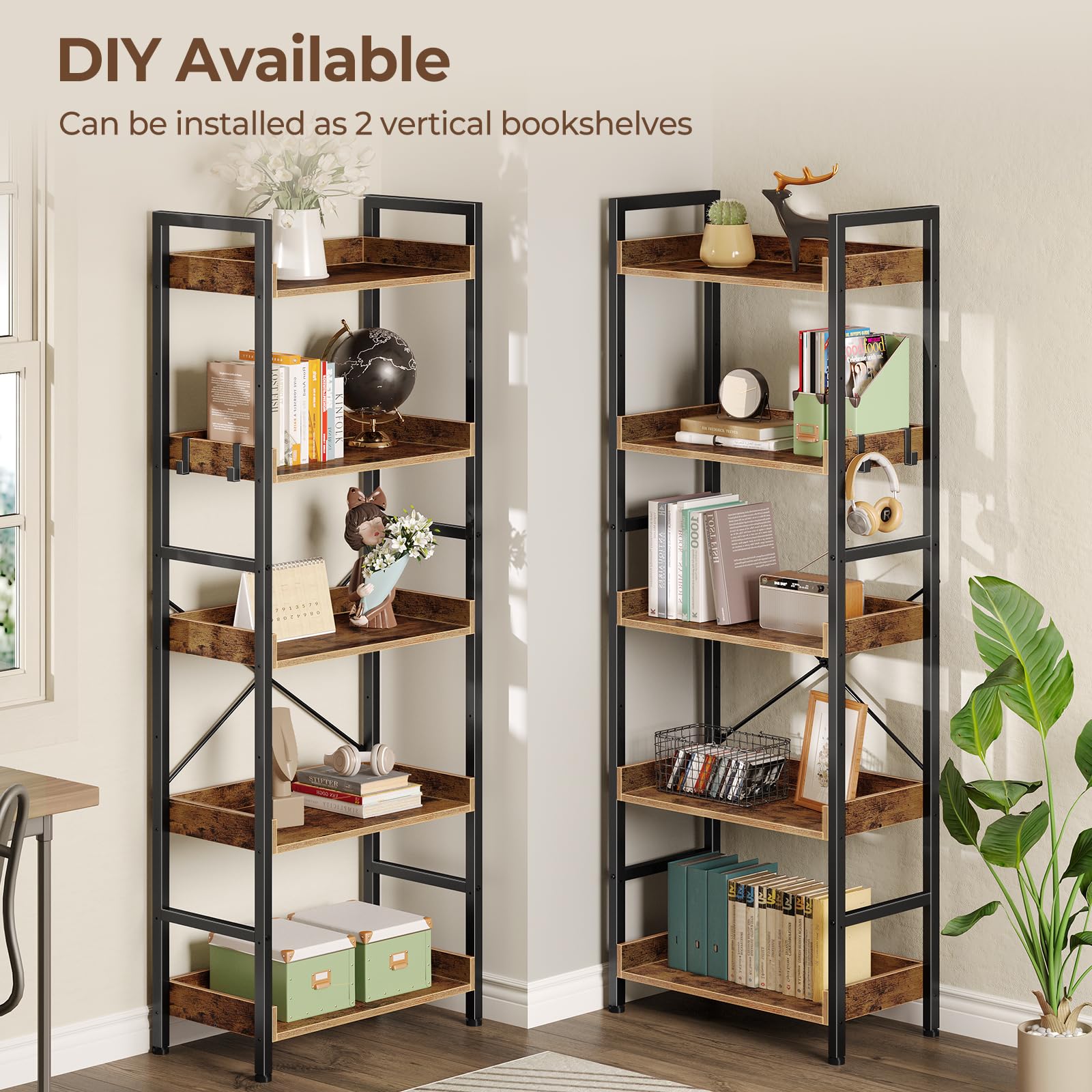 Rolanstar Bookshelf 5 Tiers with 4 Hooks, Triple Bookcase with Open Display Shelves, Industrial Wide Bookshelf with Metal Frame for Living Room, Office, Rustic Brown