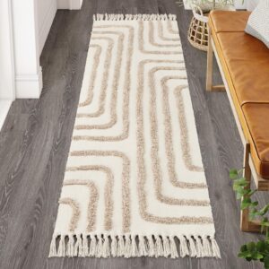 lahome labyrinth runner rug, 2x6 boho bathroom runner rug tufted runners for hallway 6ft with tassels, cotton washable rug maze runner rug for entryway indoor laundry (beige/tan)