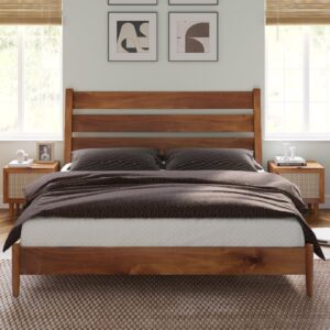 amerlife king size solid wood bed frame, mid century platform bed with reclining slatted headboard, wood slat support,no box spring needed, noise free, light brown