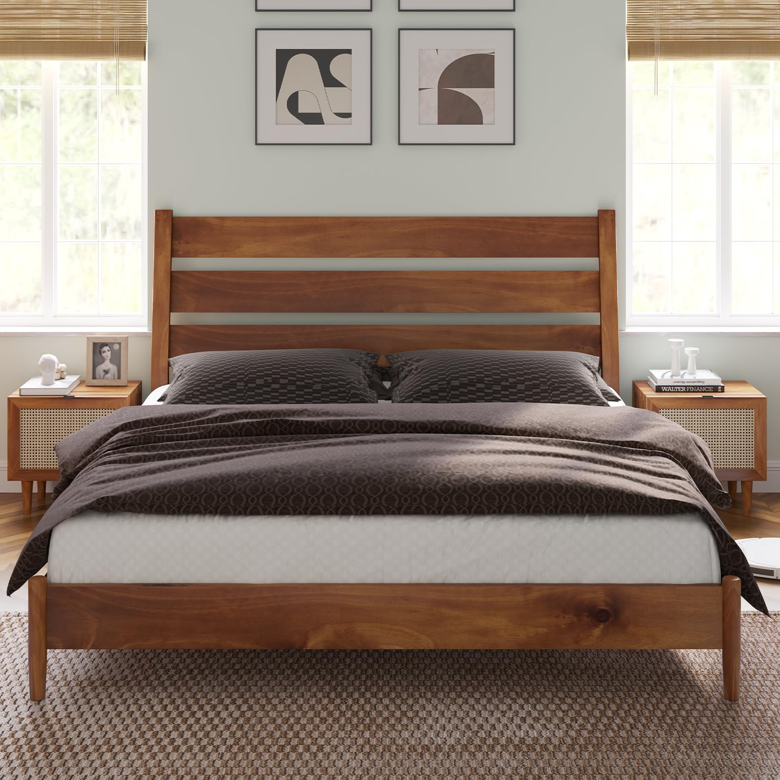 AMERLIFE King Size Solid Wood Bed Frame, Mid Century Platform Bed with Reclining Slatted Headboard, Wood Slat Support,No Box Spring Needed, Noise Free, Light Brown