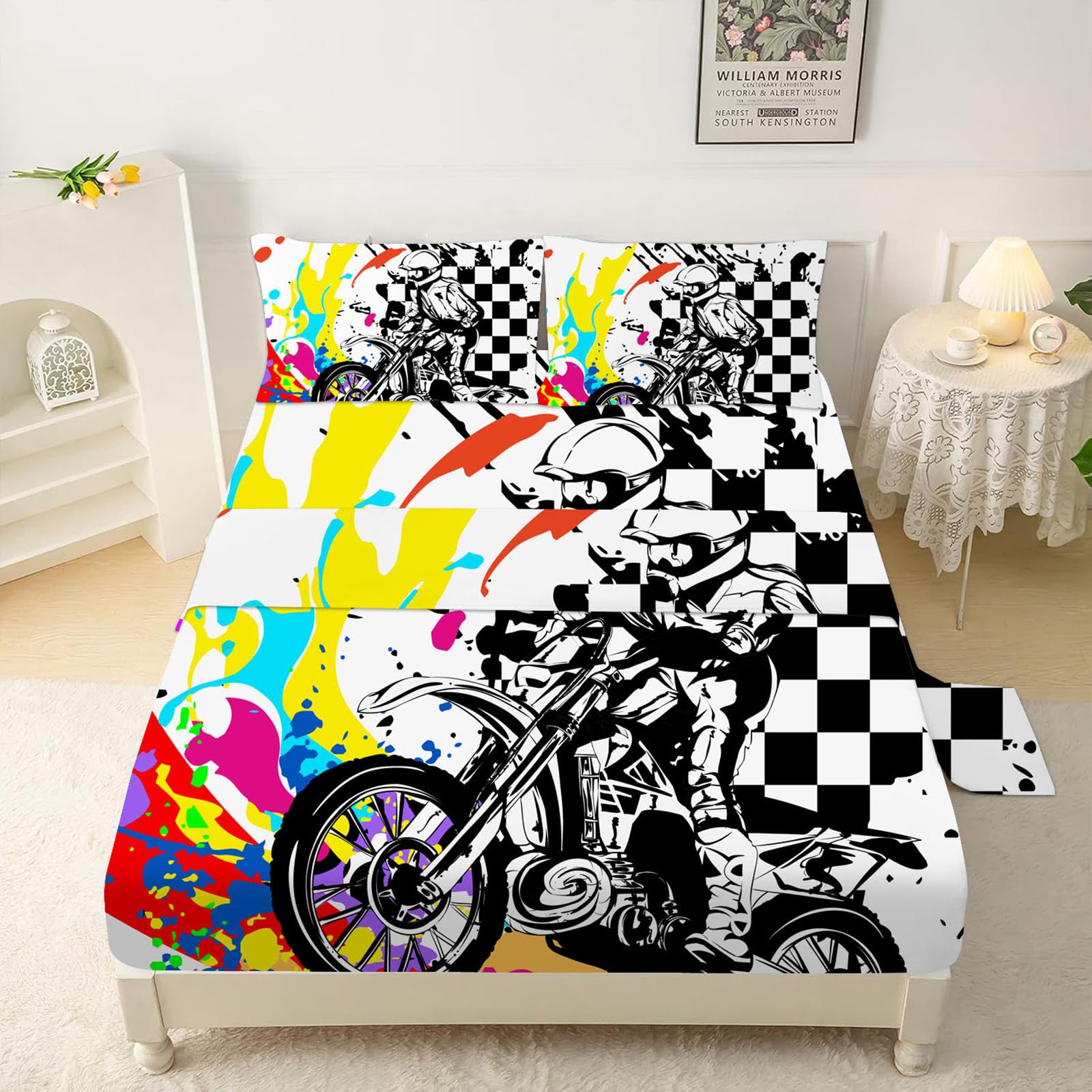 VTKON Sports Twin Kids Sheets Set for Boys Soft and Fluffy Motocross Bedding Set Breathable Motorcycle Decor for Boys Bed Set Kids Tie Dye Bedding Set with 1 Flat Sheet, 1 Fitted Sheet & 1 Pillowcase