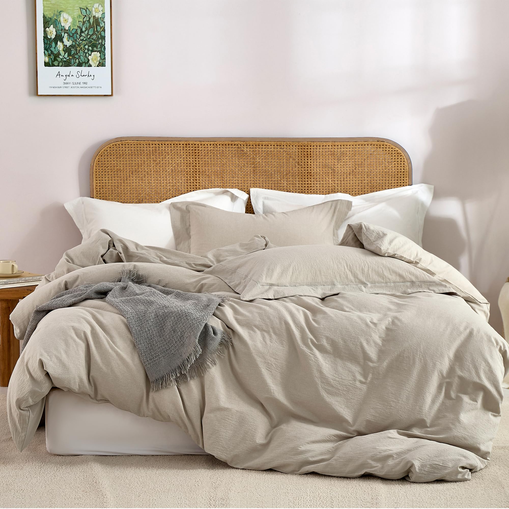 JELLYMONI 100% Washed Cotton 3 Pieces Cream Grey Duvet Cover King Size - Linen Like Textured Breathable Comforter Cover with Pillow Shams (Cream Grey, 104"x90")