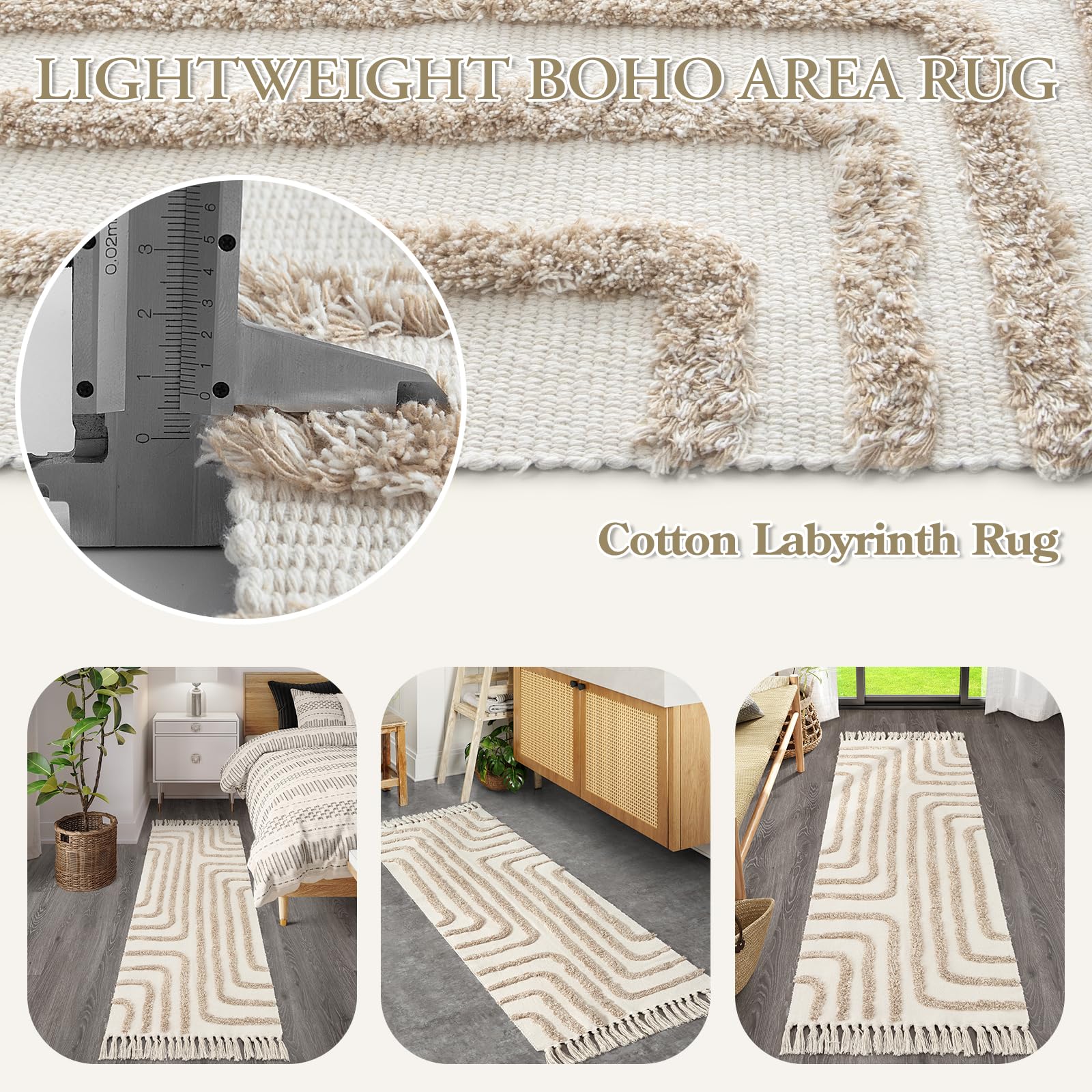 Lahome Labyrinth Runner Rug, 2x6 Boho Bathroom Runner Rug Tufted Runners for Hallway 6ft with Tassels, Cotton Washable Rug Maze Runner Rug for Entryway Indoor Laundry (Beige/Tan)