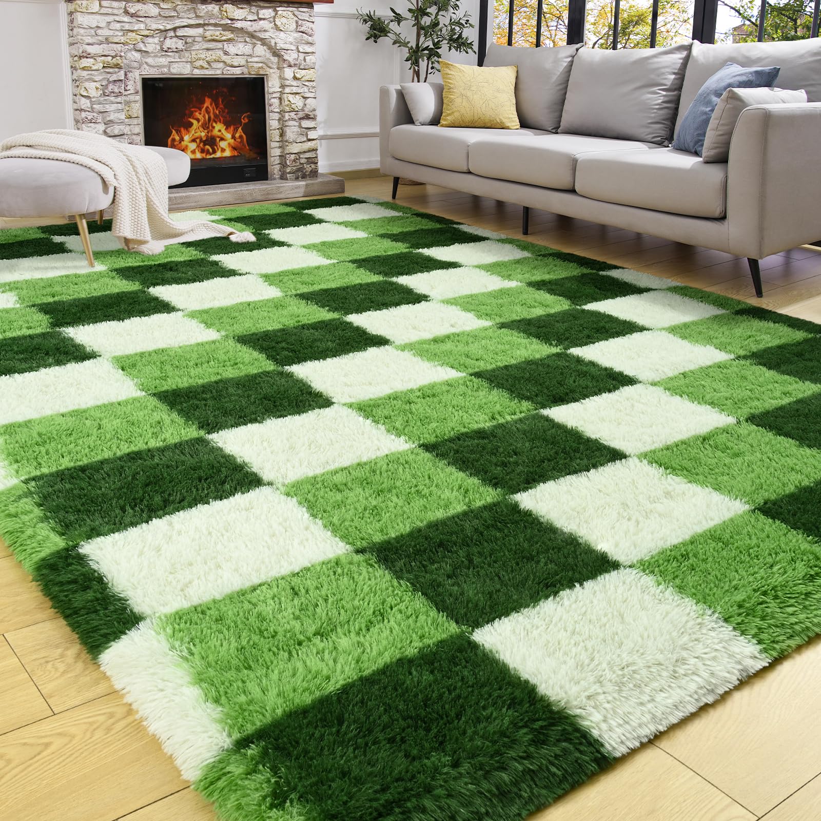 Zedrew Shag Area Rug, 4x6 ft Deep Green White Fluffy Rugs for Bedroom Living room, Soft Shaggy Modern Indoor Carpets, Cute Plush Rugs for Kids Girls Room Nursery, High Pile Throw Rug for Home Decor