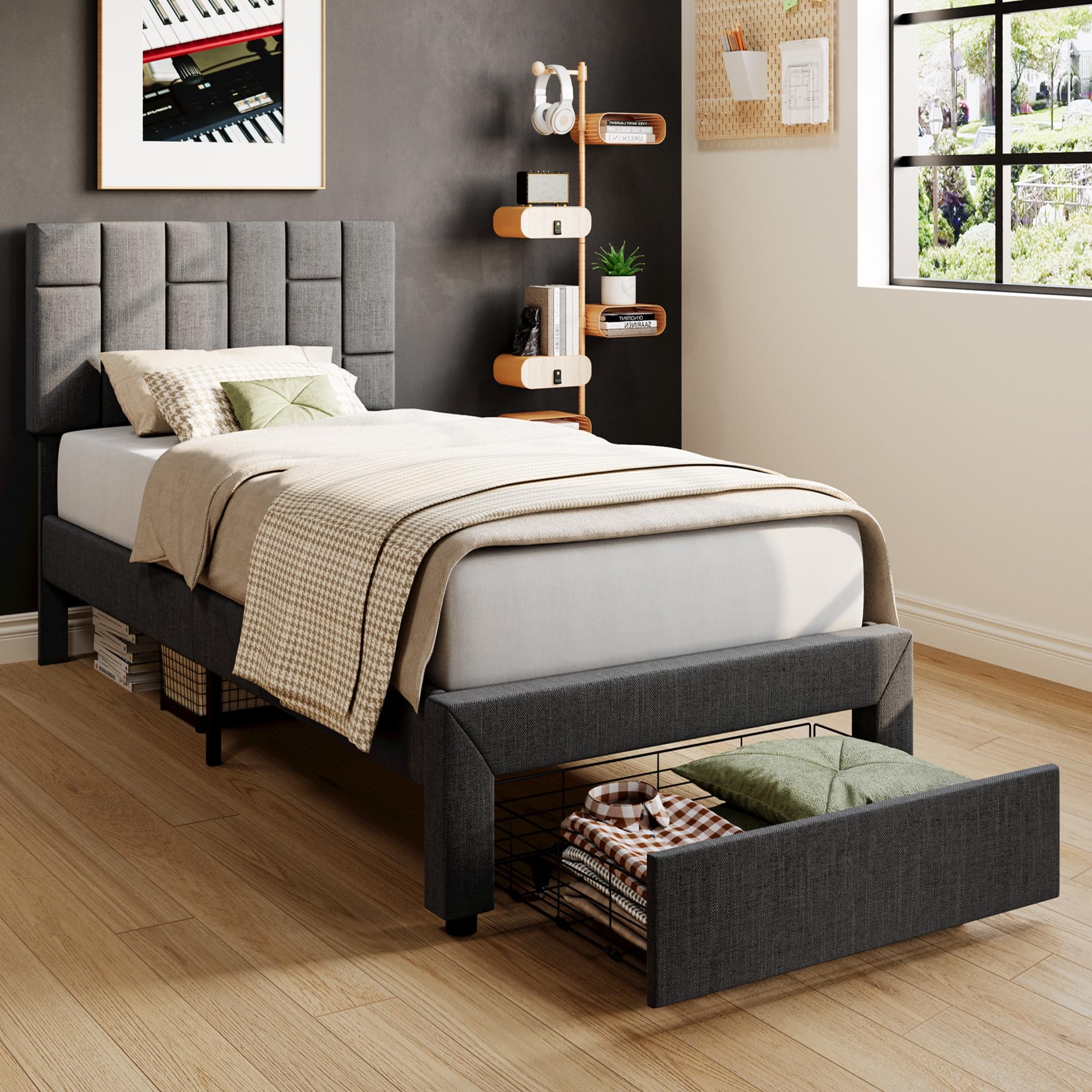 LIKIMIO Twin XL Bed Frame with Under-Bed Drawer, Platform Upholstered Bed with Headboard, No Box Spring Needed/Noise-Free, Grey