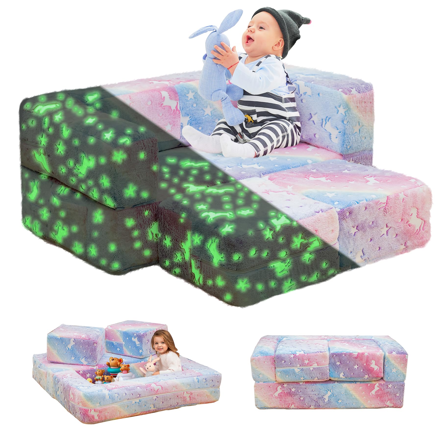 furlinkhm Modular Kids Play Couch,Glow in The Dark Kids Play Couch Toddler Couch,Nugget Couch for Kids,Convertible Baby Fold Out Play Foam and Floor Cushion for Bedroom and Playroom(Rainbow+Unicorn)