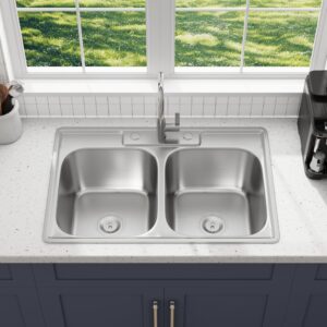 Blenzia 33 Inch Double Bowl Kitchen Sink Topmount 50/50 Drop In 18 Gauge 304 Stainless Steel Sinks with Basket Strainer 33” x 22” x 9”