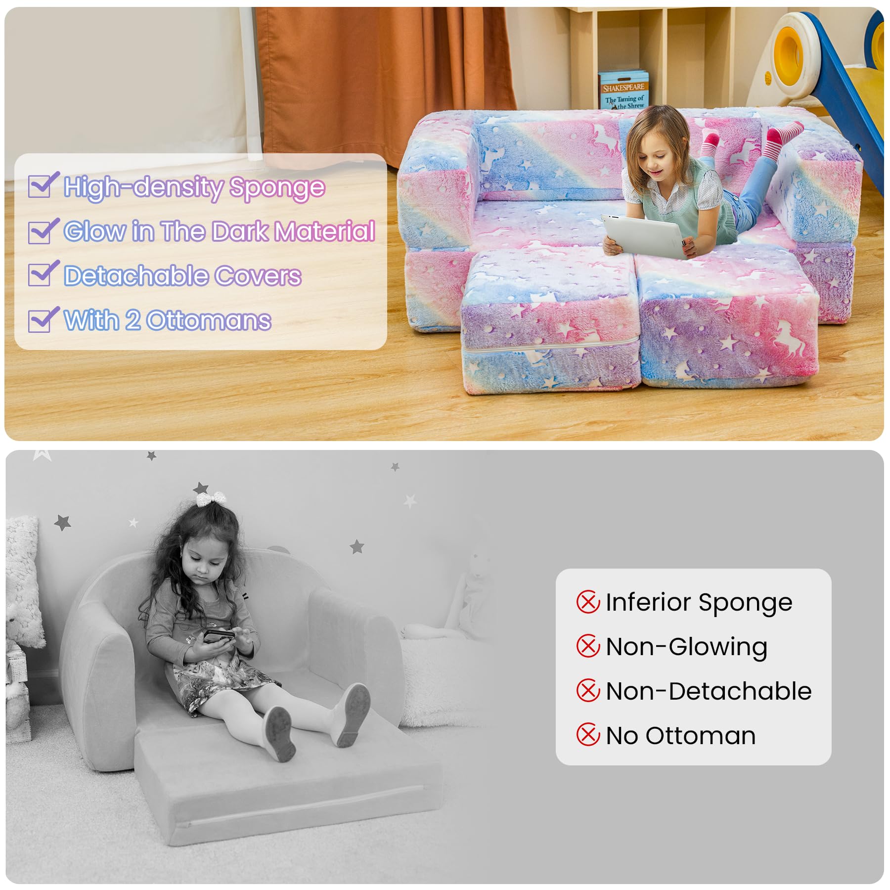 furlinkhm Modular Kids Play Couch,Glow in The Dark Kids Play Couch Toddler Couch,Nugget Couch for Kids,Convertible Baby Fold Out Play Foam and Floor Cushion for Bedroom and Playroom(Rainbow+Unicorn)