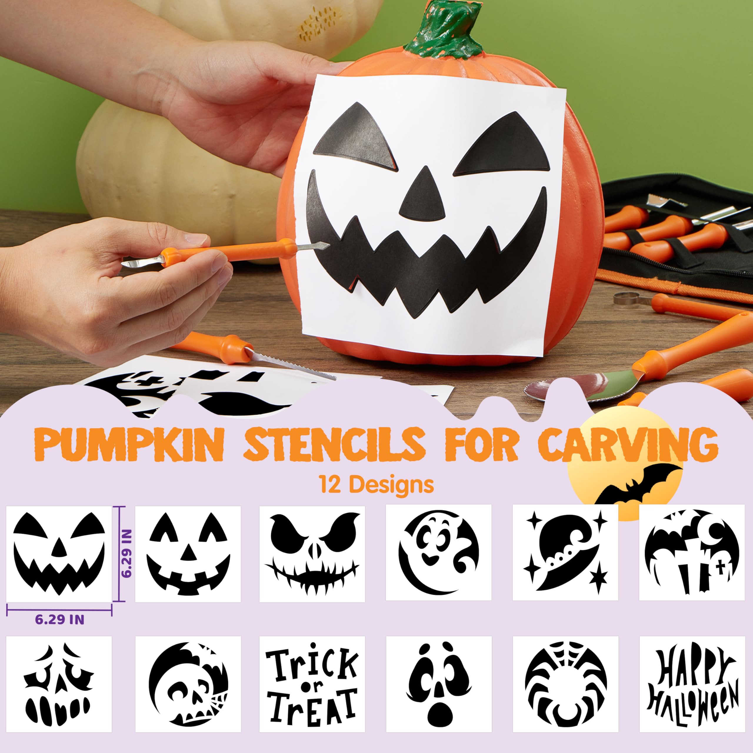 JOYIN 14 Pcs Halloween Pumpkin Carving Kit, Professional Carving Set with Handbag, 12 Stencils, Stainless Steel Double-side Sculpting Tools for Jack-o-Lantern DIY Kids Party Decoration Craft Supplies