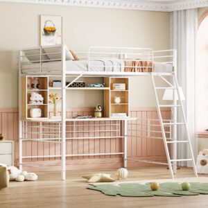 bellemave full size loft bed with desk and storage shelves, heavy duty metal loft bed with desk and ladder, full size loft bed for adults, kids, teens, white