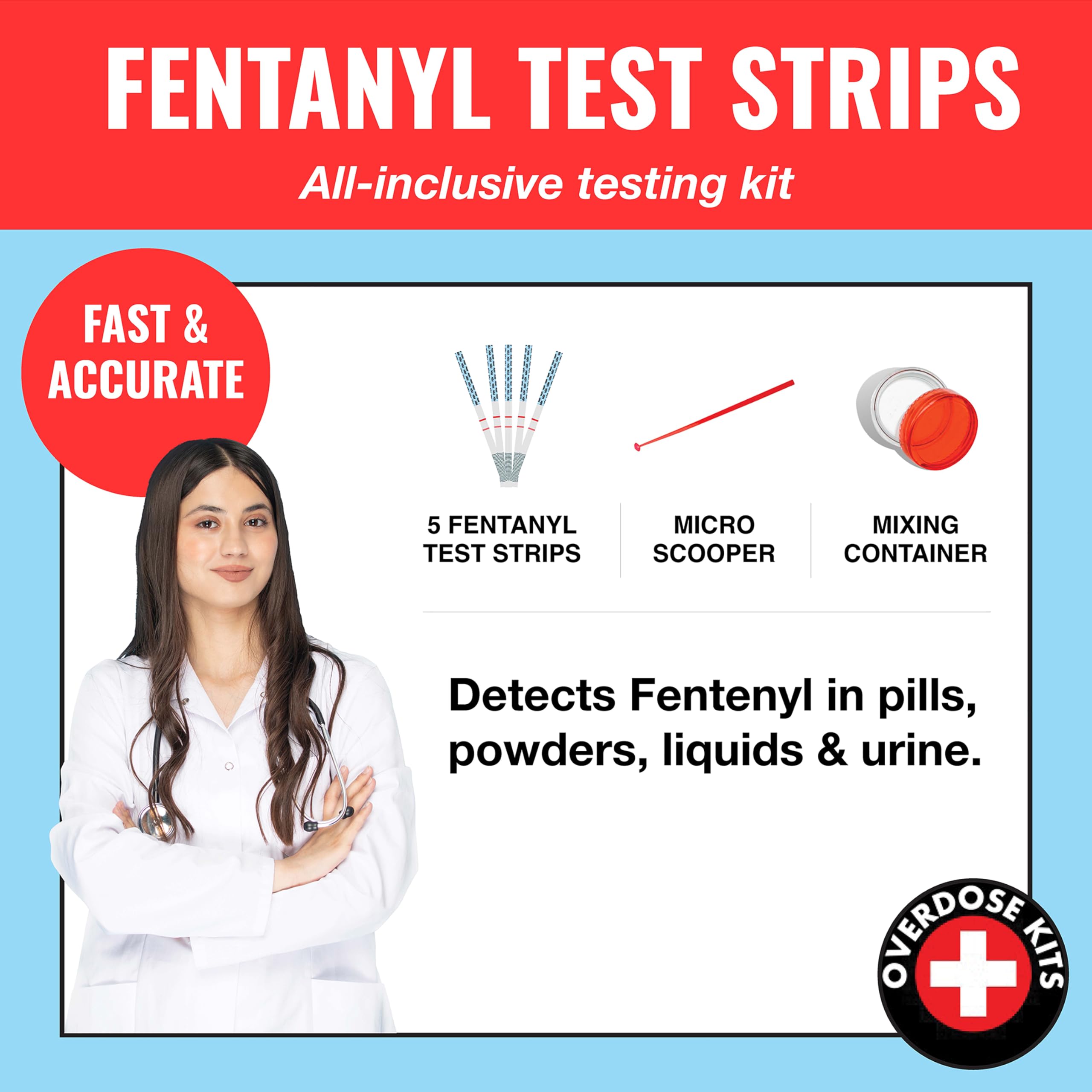 Fentanyl Test Strip Kit - Includes 5 Fentanyl Test Strips, Mixing Container, 10mg Spoon and Instructions - 5 Pack