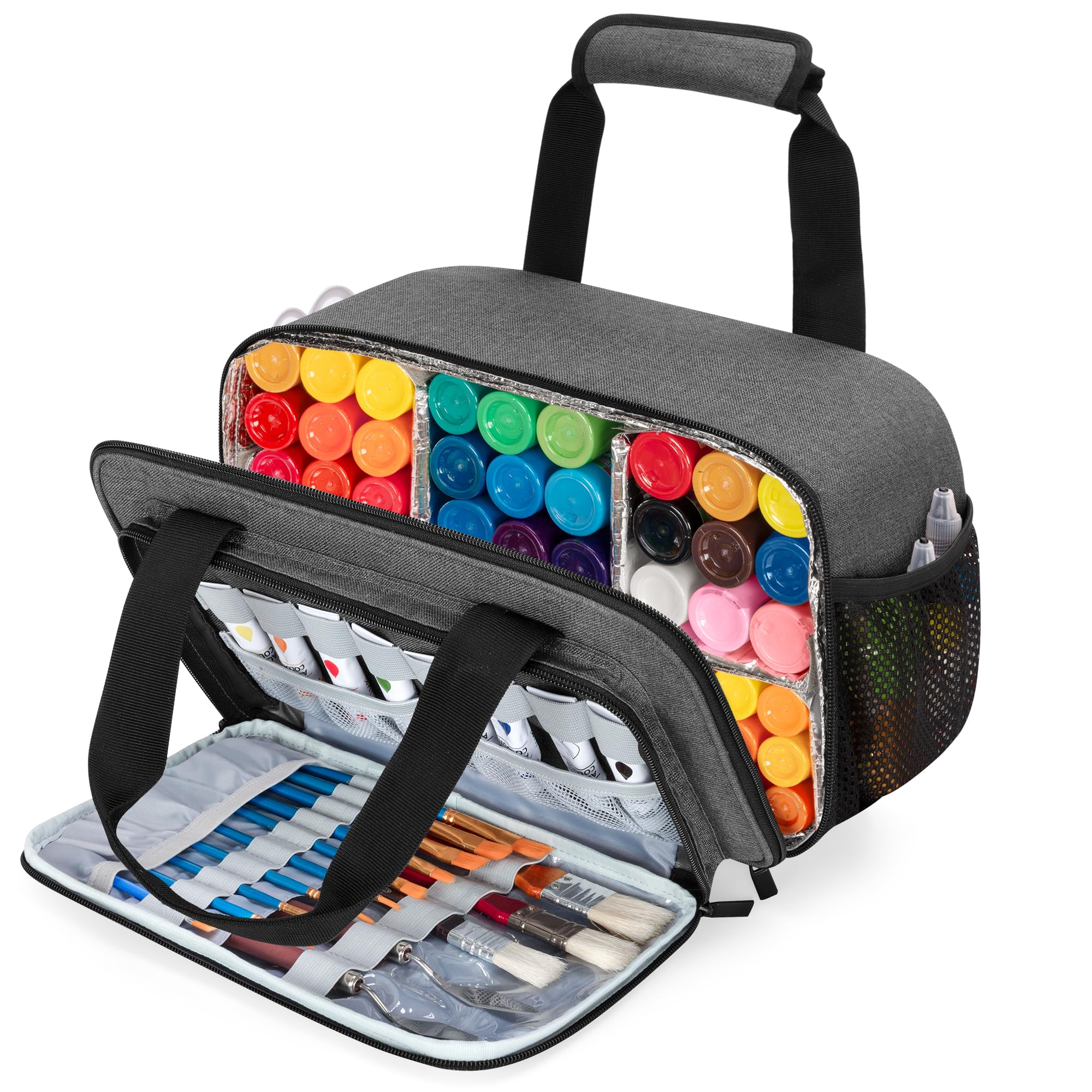 GRAOSO Acrylic Paint Organizer Bag for up to 54 Bottles (2 oz), Art Supply Storage Case with Handle Strap, Extra Pocket for Paint Brushes, Palette Board, Aluminum Foil Liner for Easy Cleaning, Grey