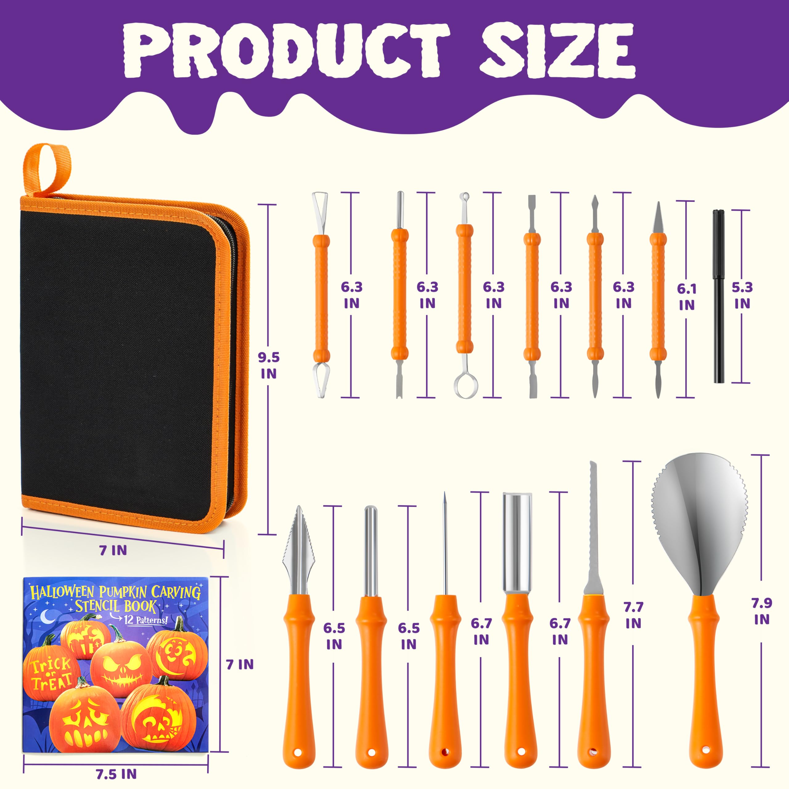 JOYIN 14 Pcs Halloween Pumpkin Carving Kit, Professional Carving Set with Handbag, 12 Stencils, Stainless Steel Double-side Sculpting Tools for Jack-o-Lantern DIY Kids Party Decoration Craft Supplies