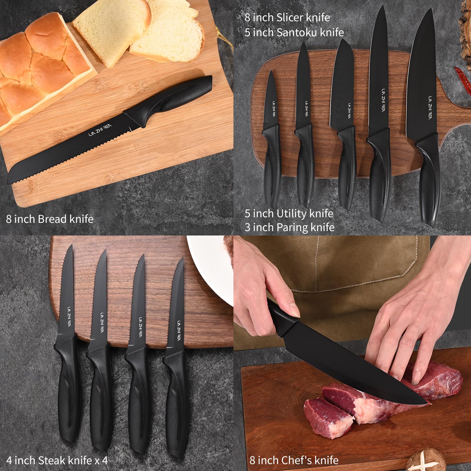 Kitchen knife sets, Built-in Sharpener, LIN ZHI REN 13 Pcs Block Knife Sets for Chopping, Slicing, Dicing&Cutting, Dishwasher Safe.