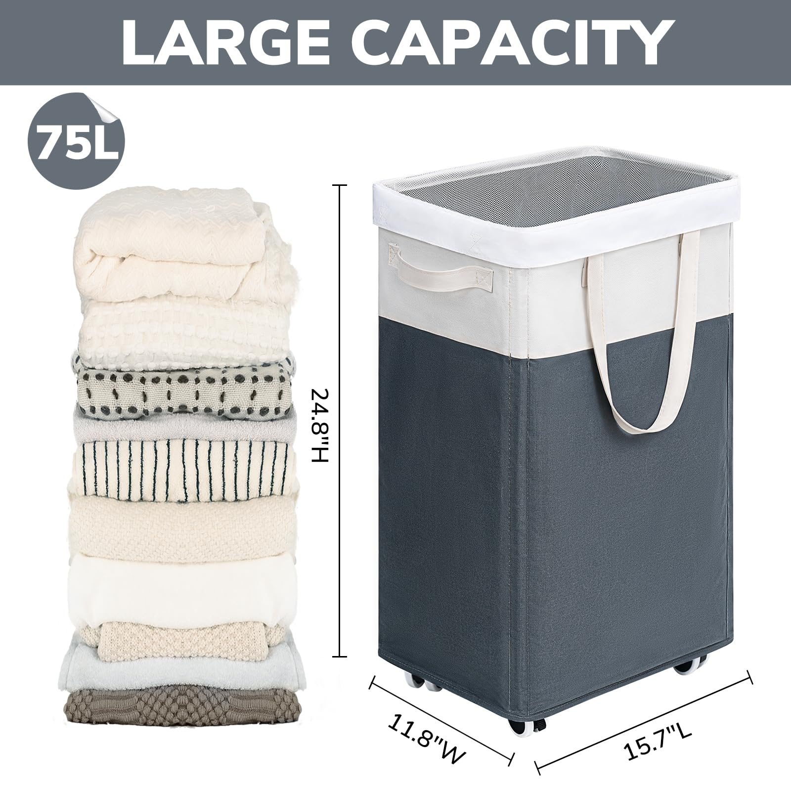 Goodpick Laundry Basket with Wheels, 75L Collapsible Tall Laundry Hamper, Large Laundry Basket with Removable Wash Bag for Corner Dorm, Rolling Slim Laundry Basket on Wheels, Grey&White