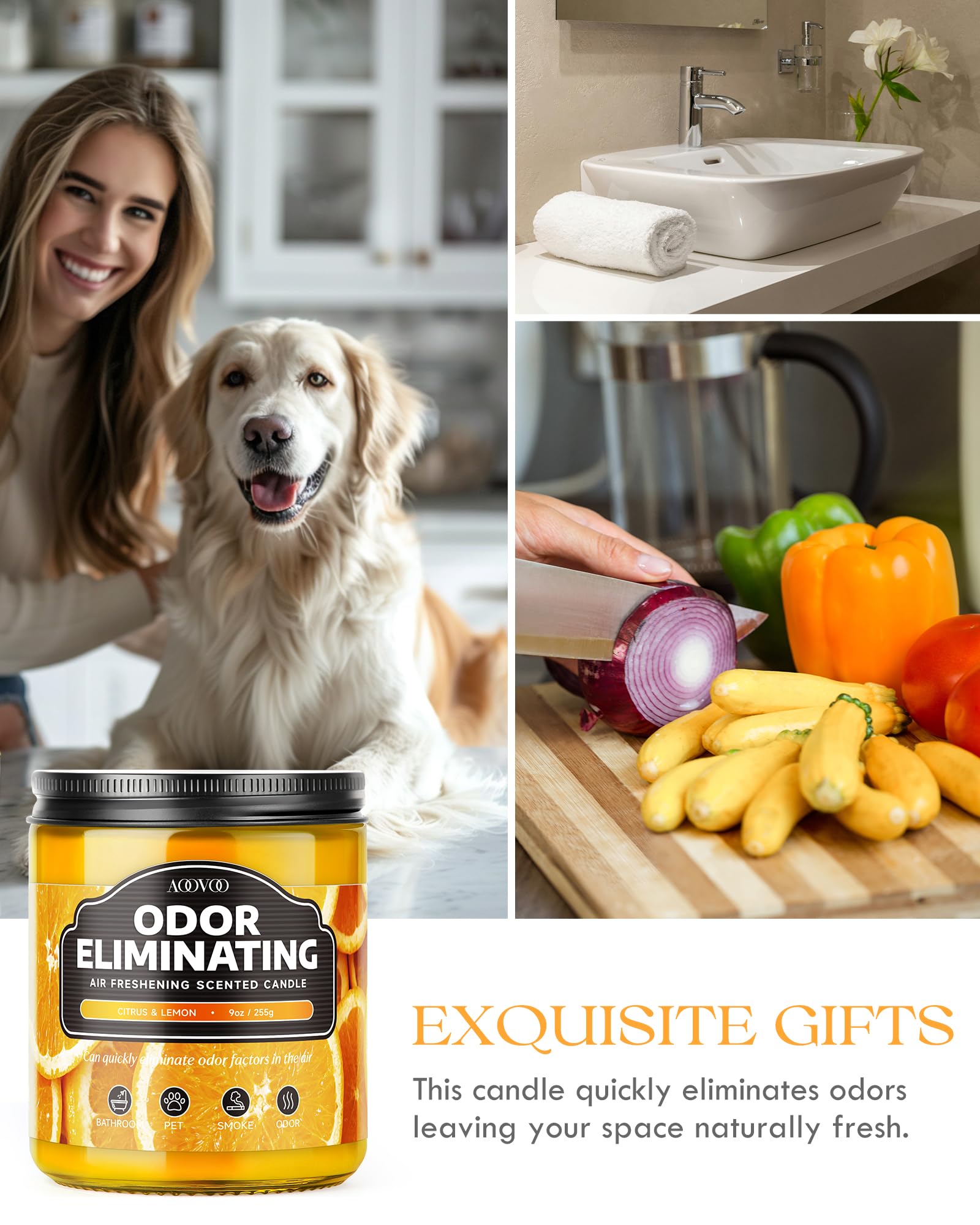 AOOVOO Citrus Lemon Odor Eliminating Highly Fragranced Candle - Eliminates 95% of Pet, Smoke, Food, and Other Smells Quickly, Wood Wick Air Freshing Soy Candle, 9 oz Up to 50 Hours Burn time