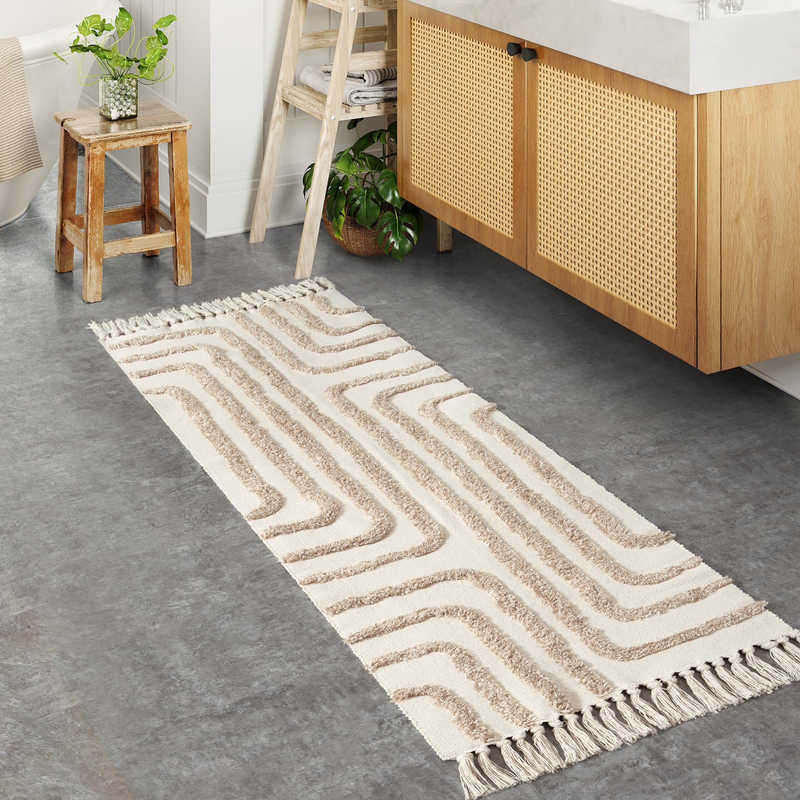 Lahome Labyrinth Runner Rug, 2x6 Boho Bathroom Runner Rug Tufted Runners for Hallway 6ft with Tassels, Cotton Washable Rug Maze Runner Rug for Entryway Indoor Laundry (Beige/Tan)