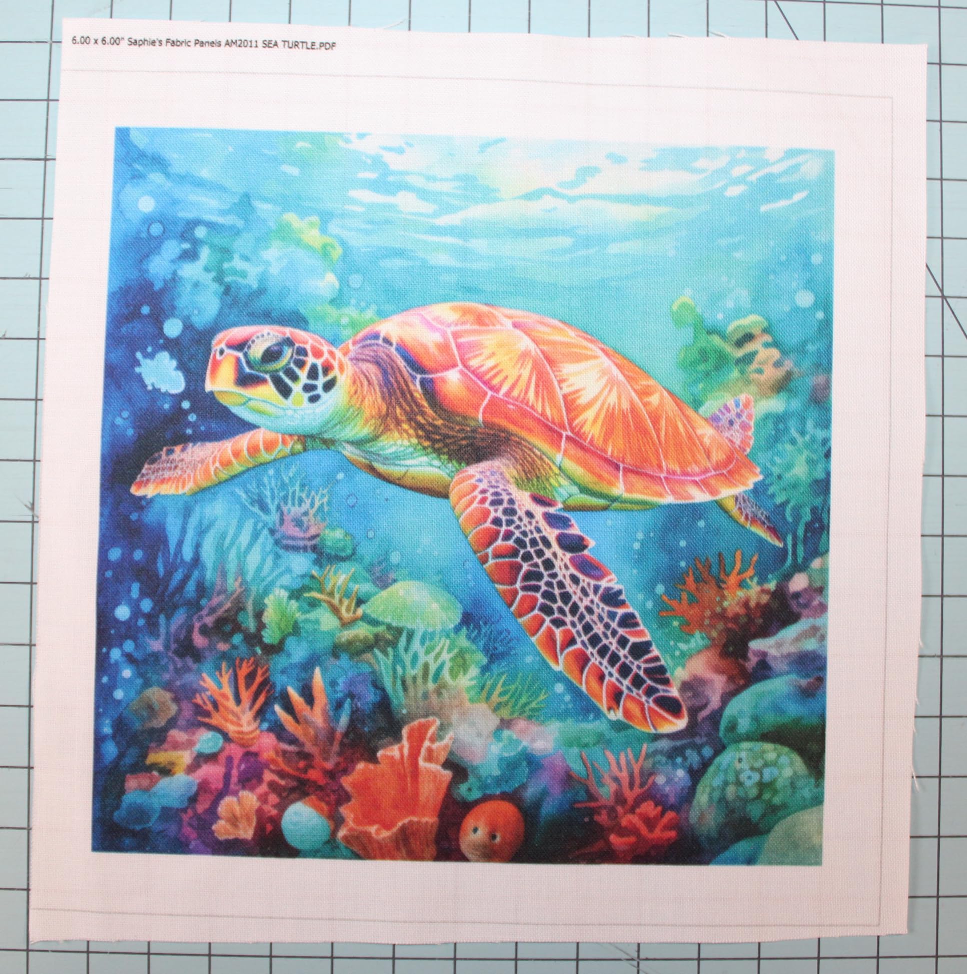 4 Piece 6"x6" Sea Turtles Fabric Panel Squares - Quilting Sewing Blocks