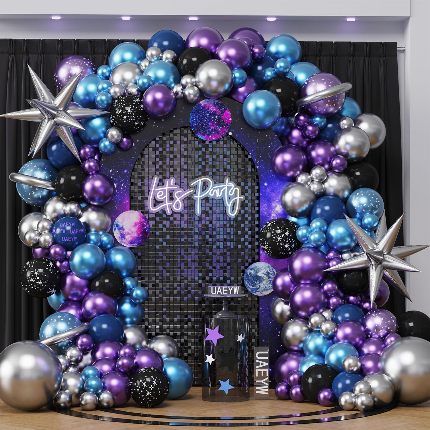 Galaxy Space Balloon Arch Garland Kit for Outer Space Party Decorations,144Pcs Chrome Metallic Blue Purple Silver Navy Blue Black Balloons for Boys Kids Space Themed Baby Shower Party Supplies