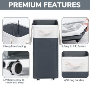 Goodpick Laundry Basket with Wheels, 75L Collapsible Tall Laundry Hamper, Large Laundry Basket with Removable Wash Bag for Corner Dorm, Rolling Slim Laundry Basket on Wheels, Grey&White