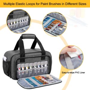 GRAOSO Acrylic Paint Organizer Bag for up to 54 Bottles (2 oz), Art Supply Storage Case with Handle Strap, Extra Pocket for Paint Brushes, Palette Board, Aluminum Foil Liner for Easy Cleaning, Grey