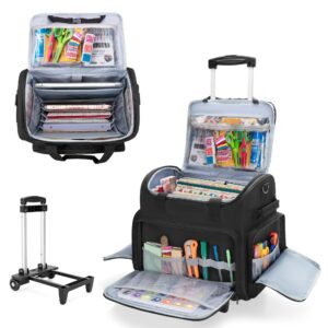 curmio rolling scrapbook tote with wheel, craft storage bag with expandable file organizer for scrapbook supplies, albums, black (bag only)