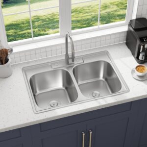 blenzia 33 inch double bowl kitchen sink topmount 50/50 drop in 18 gauge 304 stainless steel sinks with basket strainer 33” x 22” x 9”