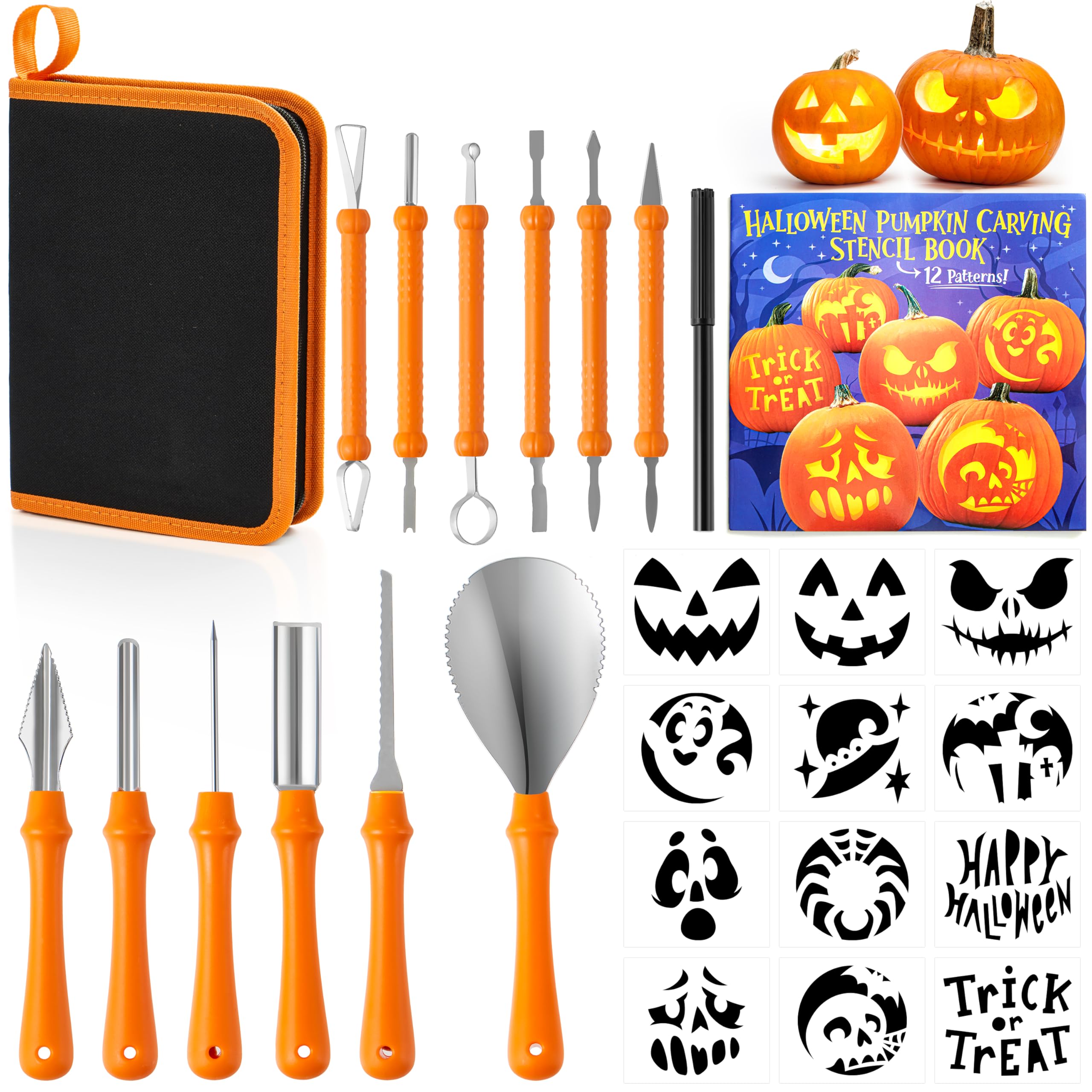 JOYIN 14 Pcs Halloween Pumpkin Carving Kit, Professional Carving Set with Handbag, 12 Stencils, Stainless Steel Double-side Sculpting Tools for Jack-o-Lantern DIY Kids Party Decoration Craft Supplies