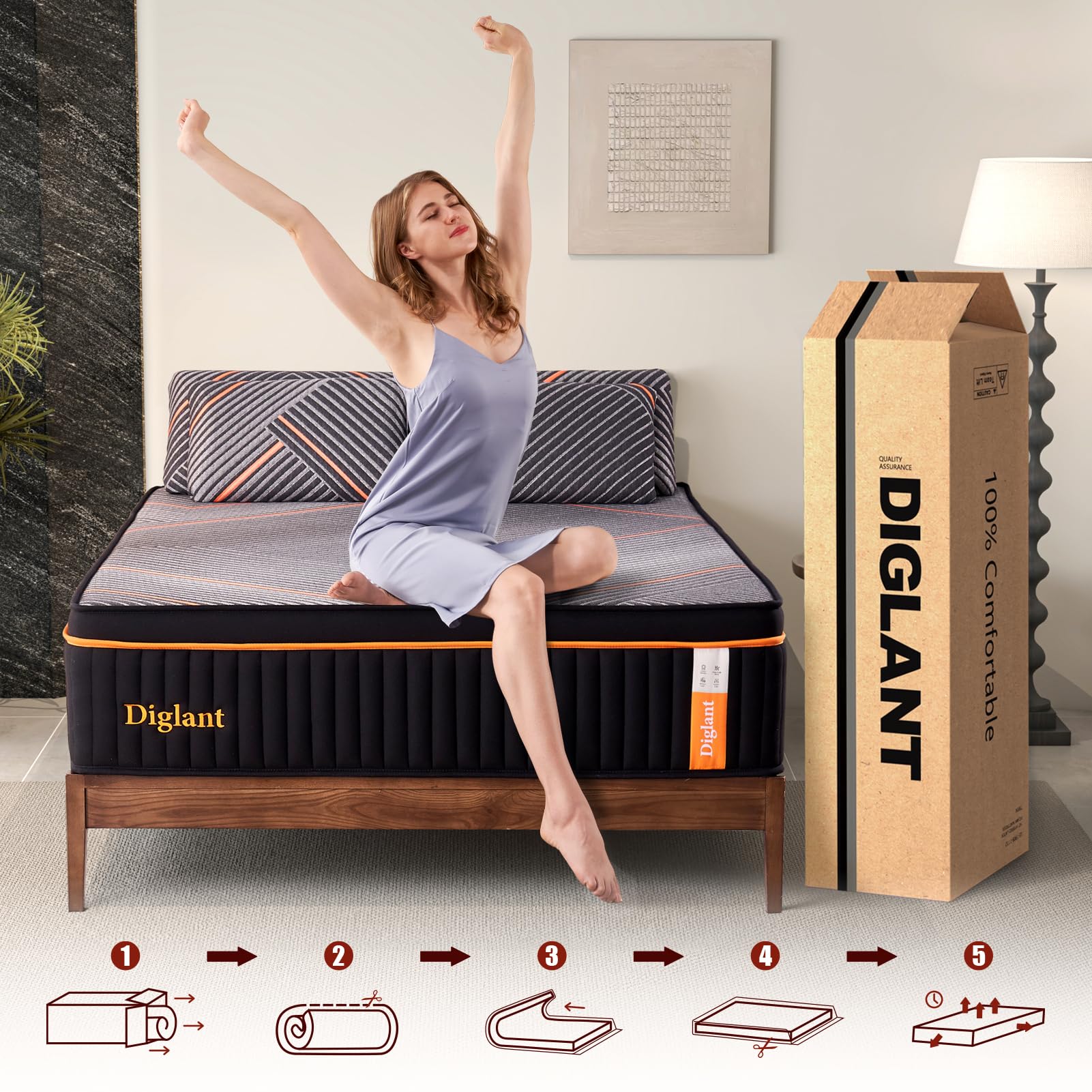 DIGLANT TwinXL Mattress, 14 Inch Plush Hybrid Mattress, Black Memory Foam with Individually Pocket Coils Mattress TwinXL Size in Box, Euro Top Mattress for Pressure Relief,Balanced Support, 39"*80"