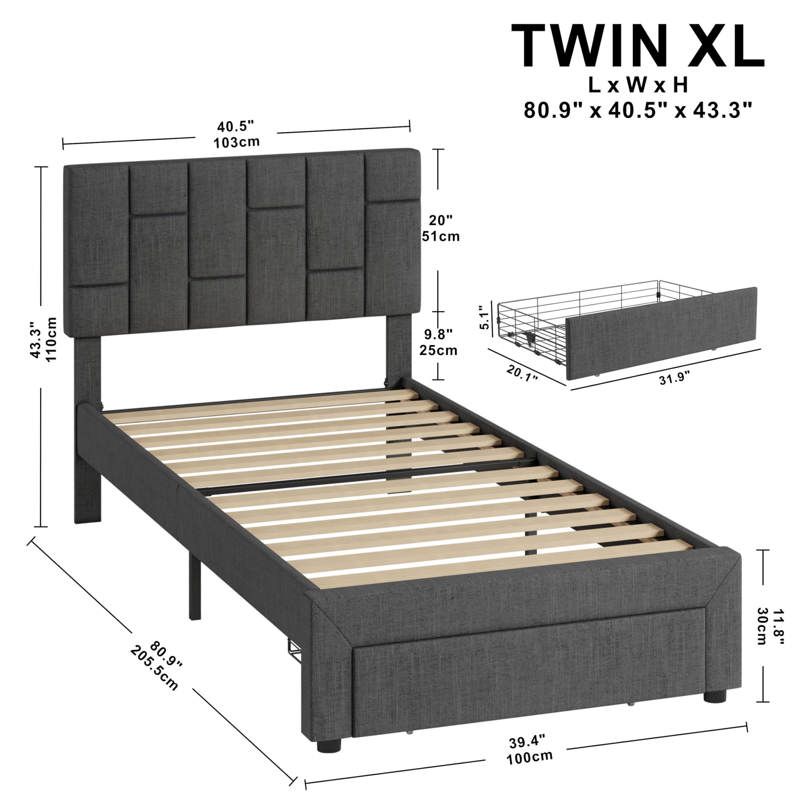 LIKIMIO Twin XL Bed Frame with Under-Bed Drawer, Platform Upholstered Bed with Headboard, No Box Spring Needed/Noise-Free, Grey