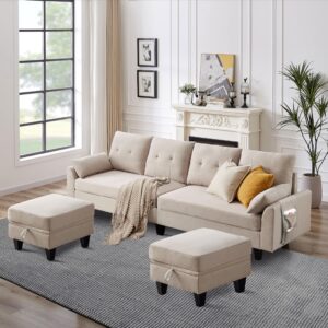 Convertible Sectional Sofa U Shape Sectional Couch with Double Reversible Ottoman Chaise Polyester Fibre 4 Seat Couches for Living Room, Beige