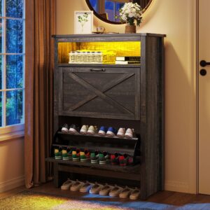 yitahome shoe cabinet with 2 flip drawers, entryway shoe storage cabinet with open shelves and led light, free standing hidden shoe rack organizer for entryway/hallway/closet, dark rustic oak