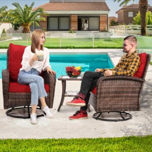 Kromax 3 Pieces Patio Furniture Set, Outdoor Swivel Glider Rocker, Wicker Patio Bistro Set with Rattan Rocking Chair, Glass Top Table with Thick Cushions for Porch Deck, Brown Rattan and Red Cushion