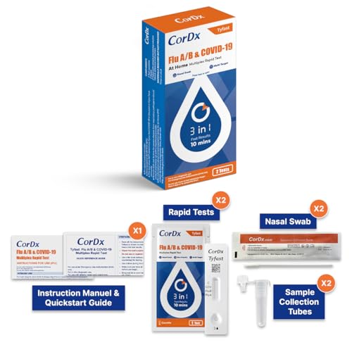 CorDx TyFast Flu A/B & Covid-19 Multiplex Rapid Test, 10 Mins at Home, FDA Authorized, 3-in-1 Combo Kit, 2 Tests