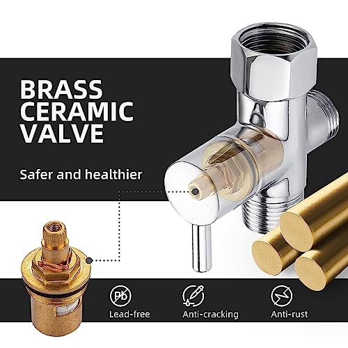 Kqcibz Brass T Adapter Brass T Adapter with Shut-Off Valve 3-Way Tee Connector 7/8In X 7/8In X G1/2 for Toilet Bidet Sprayer, Silver