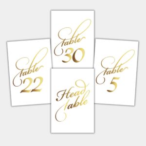 generic arinas wedding table numbers - gold foil 1-30 + head table - gold table number cards for wedding reception - double-sided 4x6