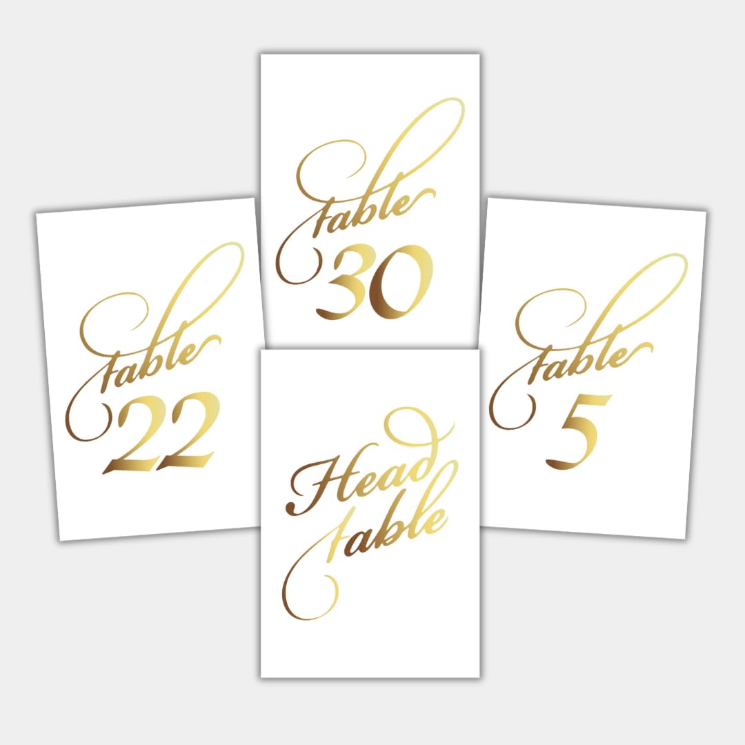 Generic Arinas Wedding Table Numbers - Gold Foil 1-30 + Head Table - Gold Table Number Cards For Wedding Reception - Double-Sided 4x6