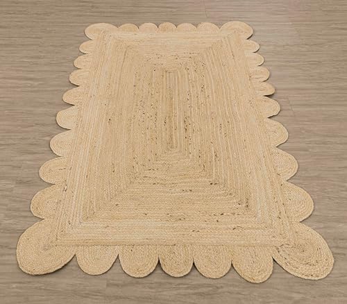 Generic Handwoven Scalloped Jute Area Rug 2x3/3x5/4x6-Braided Jute Runner Rug 2.5x6 ft for Kitchen/Hallway-Natural Farmhouse Scallop Jute Rug 5x7-Reversible Jute Rug 8x10 (Beige, 4' x 6' Feet)