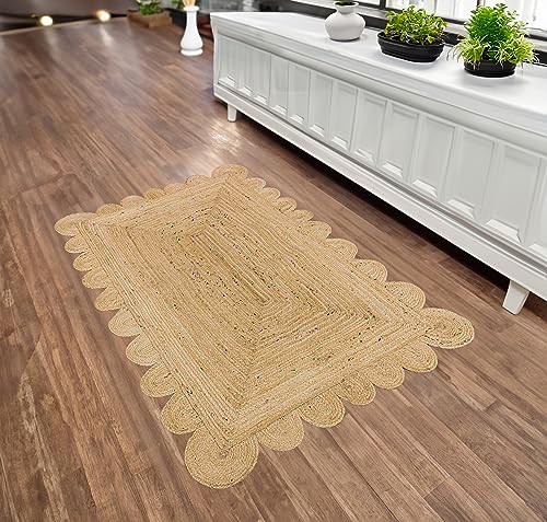 Generic Handwoven Scalloped Jute Area Rug 2x3/3x5/4x6-Braided Jute Runner Rug 2.5x6 ft for Kitchen/Hallway-Natural Farmhouse Scallop Jute Rug 5x7-Reversible Jute Rug 8x10 (Beige, 4' x 6' Feet)