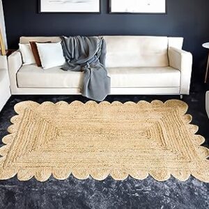 Generic Handwoven Scalloped Jute Area Rug 2x3/3x5/4x6-Braided Jute Runner Rug 2.5x6 ft for Kitchen/Hallway-Natural Farmhouse Scallop Jute Rug 5x7-Reversible Jute Rug 8x10 (Beige, 4' x 6' Feet)