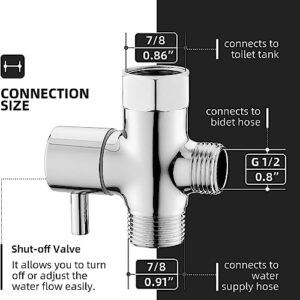 Kqcibz Brass T Adapter Brass T Adapter with Shut-Off Valve 3-Way Tee Connector 7/8In X 7/8In X G1/2 for Toilet Bidet Sprayer, Silver