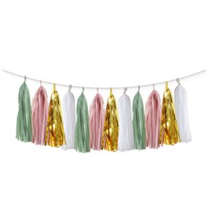 25pcs sage green dusty pink boho tissue tassel garland banner hanging backdrop classroom nursery girl baby shower wedding bridal shower birthday jungle safari party décor