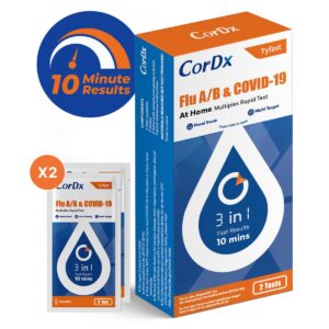 CorDx TyFast Flu A/B & Covid-19 Multiplex Rapid Test, 10 Mins at Home, FDA Authorized, 3-in-1 Combo Kit, 2 Tests