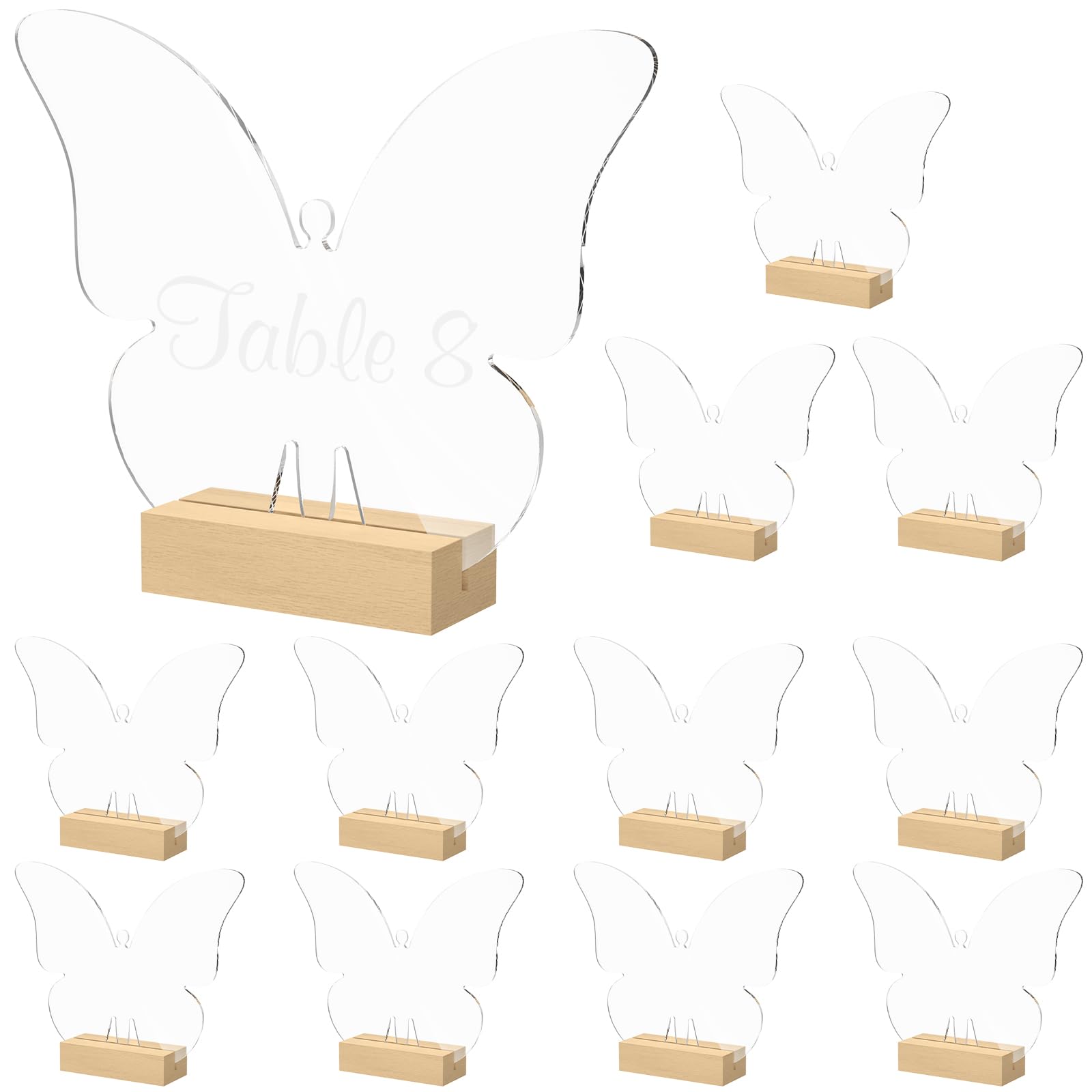 12 Pcs Butterfly Acrylic Sign with Wood Stand DIY Butterfly Place Cards Holder Reusable Butterfly Sign Blank Clear Butterfly Table Sign for Name Card Wedding Sign Event Party Sign Decoration, 5 x 4 in